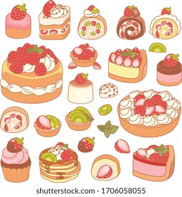 Collection of lovely baby bakery food doodle icon, cute cake , adorable pie, sweet pudding, kawaii custard, girly Bread, in childlike manga cartoon isolated on white - Vector file EPS10