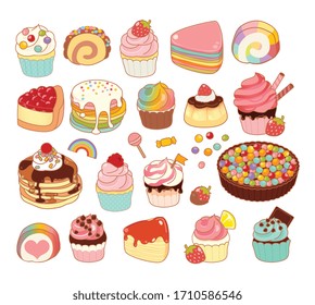 Collection of lovely baby bakery food doodle icon, cute cake , adorable pie, sweet pudding, kawaii custard, girly Bread, in childlike manga cartoon isolated on white - Vector file EPS10