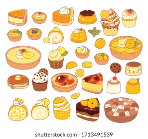 Collection of lovely baby bakery food doodle icon, cute cake , adorable pie, sweet pudding, kawaii custard, girly Bread, in childlike manga cartoon isolated on white - Vector file EPS10