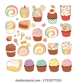 Collection of lovely baby bakery food doodle icon, cute cake , adorable pie, sweet pudding, kawaii custard, girly Bread, in childlike manga cartoon isolated on white - Vector file EPS10