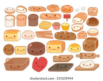 Collection of lovely baby bakery food doodle icon, cute white bread, adorable bun, sweet wheat bread, kawai croissant, girly brown bread in childlike manga cartoon isolated on white- Vector file EPS10
