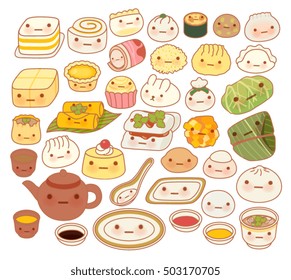 Collection of lovely baby chinese oriental food doodle icon, cute fun go, adorable har gow, sweet dimsum, kawaii shumai , girly dumpling  in childlike manga cartoon isolated on white-Vector file EPS10