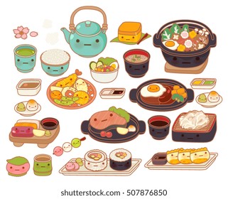 Collection of lovely baby japanese food doodle icon, cute tempura, adorable sashimi, sweet hamburg steak, kawaii maki, girly sukiyaki in childlike manga cartoon isolated on white-Vector file EPS10
