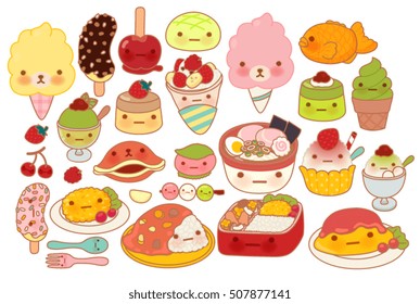 Collection Of Lovely Baby Japanese Food Doodle Icon, Cute Omelette, Adorable Dessert, Sweet Choco Banana, Kawaii Pudding, Girly Ramen In Childlike Manga Cartoon Isolated On White-Vector File EPS10
