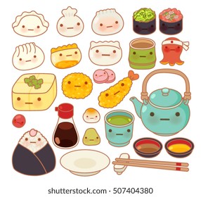 Collection of lovely baby japanese oriental food doodle icon, cute sushi, adorable dumpling, sweet tempura, kawaii wonton, girly gyoza  in childlike manga cartoon isolated on white -Vector file EPS10