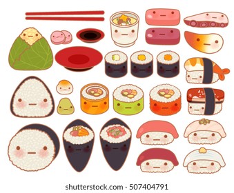 Collection of lovely baby japanese oriental food doodle icon, cute sushi, adorable sashimi, sweet nigiri, kawaii uramaki, girly temaki  in childlike manga cartoon isolated on white-Vector file EPS10