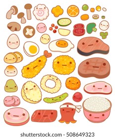 Collection of lovely baby japanese oriental food doodle icon, cute fruit, adorable vegetable, sweet egg, kawaii steak, girly rice bowl, in childlike manga cartoon isolated on white - Vector file EPS10