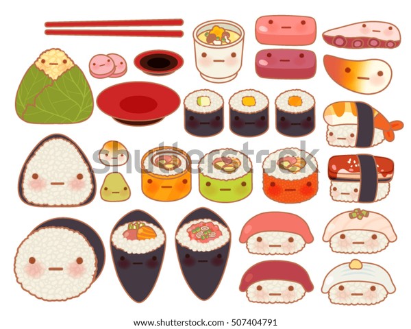 白いベクター画像に愛らしい日本の赤ちゃんの食べ物の落書きアイコン かわいいすし かわいい刺身 甘いにぎり かわいいうらまき 子どものようなまんがに入った少女の手巻きのコレクションeps10 のベクター画像素材 ロイヤリティフリー