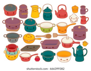 Collection of lovely baby kitchen ware doodle icon, cute pot in kawaii hand drawn style - Vector file EPS10

