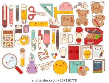 Collection of lovely baby stationery character doodle icon , cute pencil  , adorable teddy bear doll , sweet lunchbox , kawaii book , girly pen in childlike manga cartoon style - Vector file EPS10
