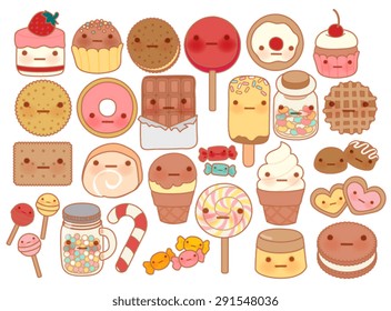 Collection Of Lovely Baby Sweet And Dessert Doodle Icon , Cute Cake , Adorable Candy , Sweet Ice Cream , Kawaii Jelly Bean , Girly Cookie In Childlike Manga Cartoon Style - Vector File EPS10