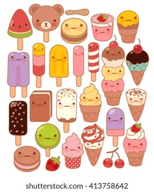 Collection of lovely baby sweet and dessert doodle icon , cute icecream , adorable popsicle , sweet soft cream , kawaii gelato , girly cherry in childlike manga cartoon style - Vector file EPS10