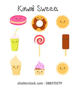 Collection of lovely baby sweet and dessert doodle icon , manga cartoon style. Kawaii sweets