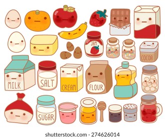 Collection of lovely cake ingredient icon , cute egg , adorable milk , sweet flour , kawaii strawberry, girly butter Isolated on white in childlike  manga cartoon style - Vector file EPS10