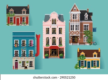 Collection of lovely detailed vector old small town retro victorian style building facades