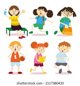 collection of lovely girl and boy in various activity, drinking and eat dessert, dance, play basketball, reading book, playing game in cartoon character, vector illustration	