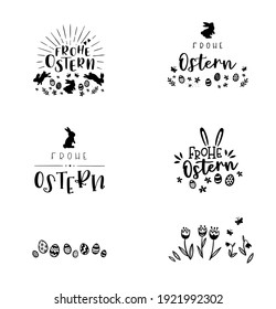 Collection of lovely hand drawn easter designs with text in german "Happy Easter" cute hand drawn bunnies, eggs and decoration - vector design