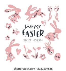Colección de adorables doodles de Pascua dibujados a mano, lindos conejillos dibujados a mano, huevos, flores y decoración - diseño vectorial
