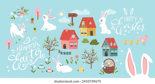 Collection of lovely hand drawn easter designs with cute typography, sweet hand drawn bunnies, eggs and decoration - vector design 
