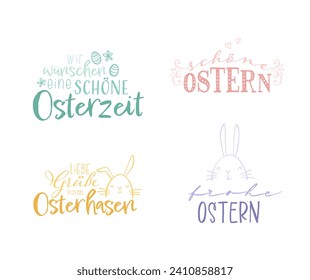 Colección de encantadores saludos de Pascua dibujados a mano con texto en alemán "Feliz Pascua" lindos conejillos dibujados a mano, huevos y decoración - diseño vectorial
