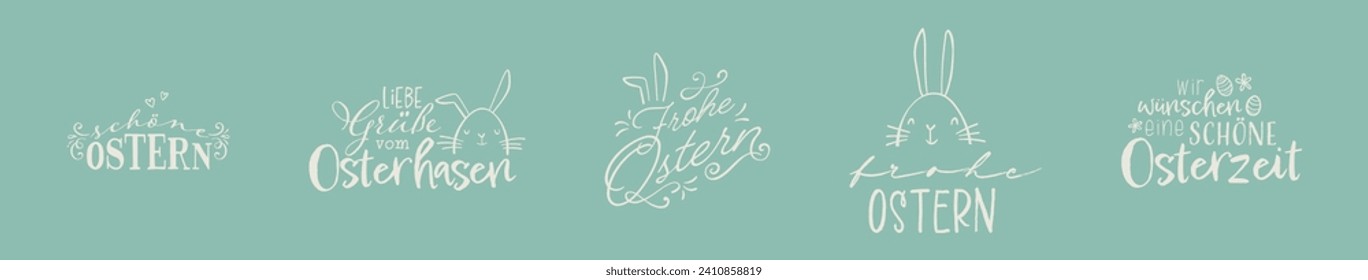 Collection of lovely hand drawn easter greetings with text in german "Happy Easter" cute hand drawn bunnies, eggs and decoration - vector design
