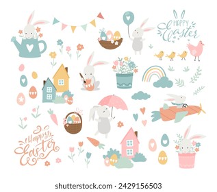 Collection of lovely hand drawn easter designs with cute typography, sweet hand drawn bunnies, eggs and decoration - vector design 