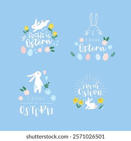 Collection of lovely hand drawn easter designs with text in german "Happy Easter" cute hand drawn bunnies, eggs and decoration