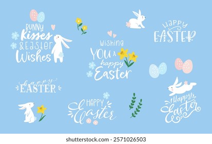 Collection of lovely hand drawn easter designs with cute typography, sweet hand drawn bunnies, eggs and decoration - vector design 