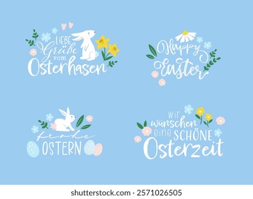 Collection of lovely hand drawn easter designs with text in german "Happy Easter" cute hand drawn bunnies, eggs and decoration