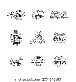 Collection of lovely hand drawn easter designs with text in german "Happy Easter" cute hand drawn bunnies, eggs and decoration
