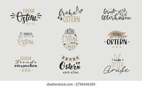 Collection of lovely hand drawn easter designs with text in german "Happy Easter" cute hand drawn bunnies, eggs and decoration