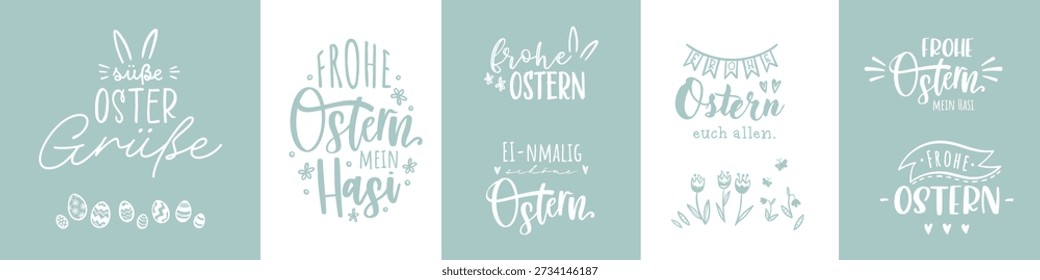 Collection of lovely hand drawn easter designs with text in german "Happy Easter" cute hand drawn bunnies, eggs and decoration