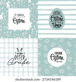 Collection of lovely hand drawn easter designs with text in german "Happy Easter" cute hand drawn bunnies, eggs and decoration