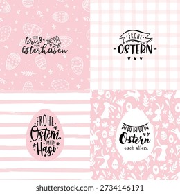 Collection of lovely hand drawn easter designs with text in german "Happy Easter" cute hand drawn bunnies, eggs and decoration