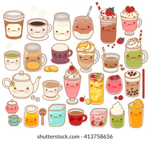 Collection of lovely hot and cold drink  icon , cute tea , adorable milk , sweet coffee , kawaii smoothie, girly matcha green tea Isolated on white in childlike manga cartoon style - Vector file EPS10