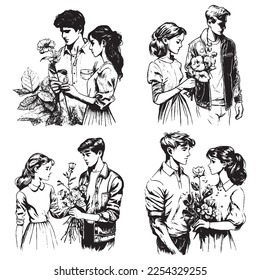 Collection of Lovely Passioned Couple Vintage Illustration, hand drawn romantic couple, boyfriend offering a flower to girlfriend, vector illustration in vintage engraving pen and ink style.