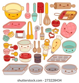 Collection of lovely pastry tool and equipment , cute rolling pin  , adorable pan , sweet mitt Isolated on white in girly kawaii manga cartoon style - Vector file EPS10
