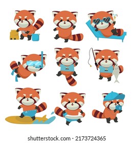 Collection of lovely raccoon in various activities on summer holiday in cartoon character, vector illustration