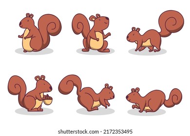 collection of lovely squirrels with various action and emotion in cartoon style on white background,  vector illustration