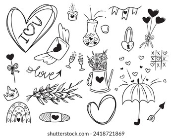 Collection of lovely symbols of Saint Valentines day - hearts, arrow, love potion with cork, wood stick with bow and ribbon, flowers in the kettle, gift, branch with leaves, flying envelope, cupid