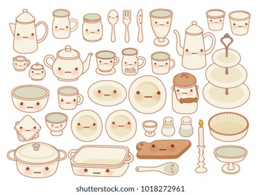 Collection of lovely table ware and afternoon tea set doodle icon, cute cup, adorable dish, sweet glass, kawaii pot , girly salt shaker in childlike manga cartoon isolated on white- Vector file EPS10
