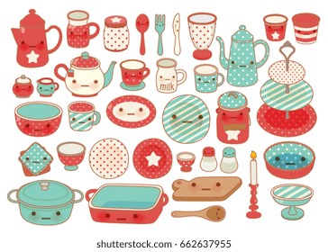 
Collection of lovely table ware and afternoon tea set doodle icon, cute cup, adorable dish, sweet glass, kawaii pot , girly salt shaker in childlike manga cartoon isolated on white- Vector file EPS10