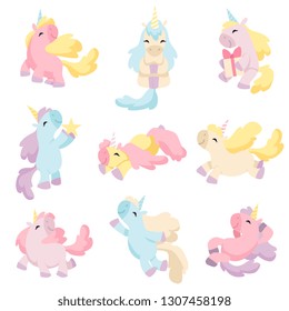 Collection of Lovely Unicorns, Cute Magic Fantasy Animals of Different Colors and Poses Vector Illustration