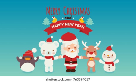 Collection of lovely xmas doodle greeting card, cute Santa Claus , adorable christmas snowman, sweet christmas penguin, kawaii xmas polar bear Japanese childlike manga cartoon style -Vector file EPS10