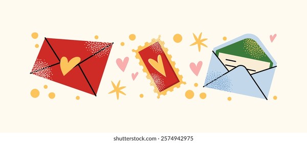 Collection of love-themed envelopes, stamp with heart design, and an open letter isolated on a light background. Set of romantic elements. Vector illustration. Valentine's Day concept