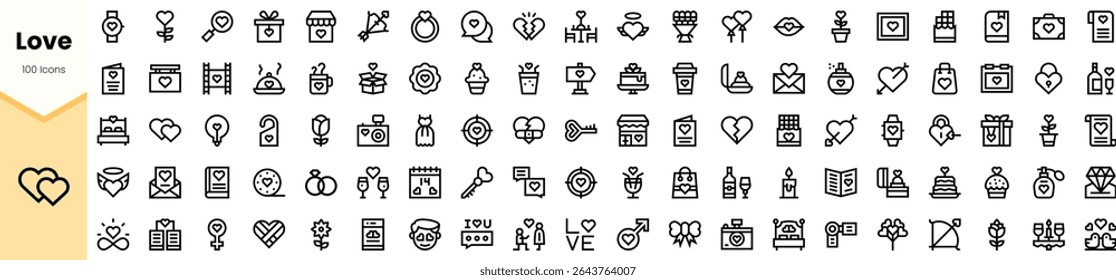 A collection of love-themed icons featuring various symbols like hearts, gifts, and romantic elements in a minimalistic design. Perfect for celebrations or events.