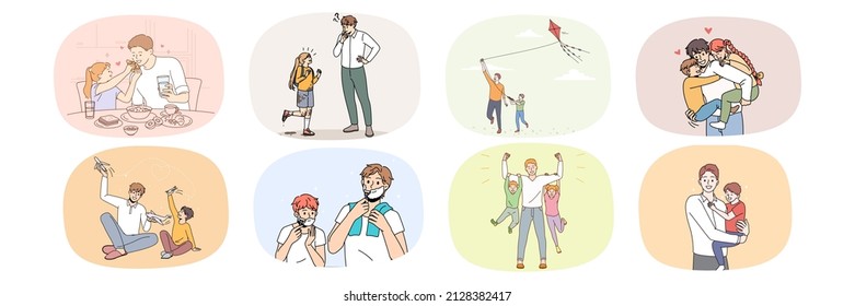 Collection of loving father and small child play together at home and outdoors. Set of happy caring dad have fun spend weekend time with little kid. Fatherhood concept. Flat vector illustration. 