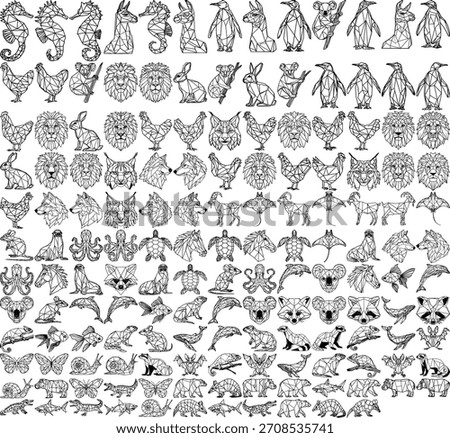 Collection of low poly animals including sea horse llama penguin chicken lion rabbit koala stingray
