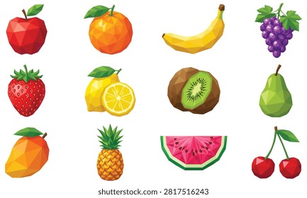 Collection of low poly fruit illustrations with vibrant colors and sharp geometric facets design.