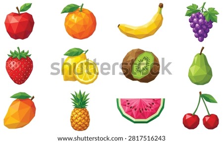 Collection of low poly fruit illustrations with vibrant colors and sharp geometric facets design.